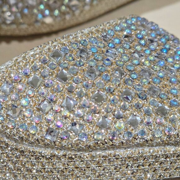 David’s Bridal ✦ Glitter Wedge Sandals ✦ Gold w/ Rhinestones Buckle Strap 9T - Picture 10 of 16